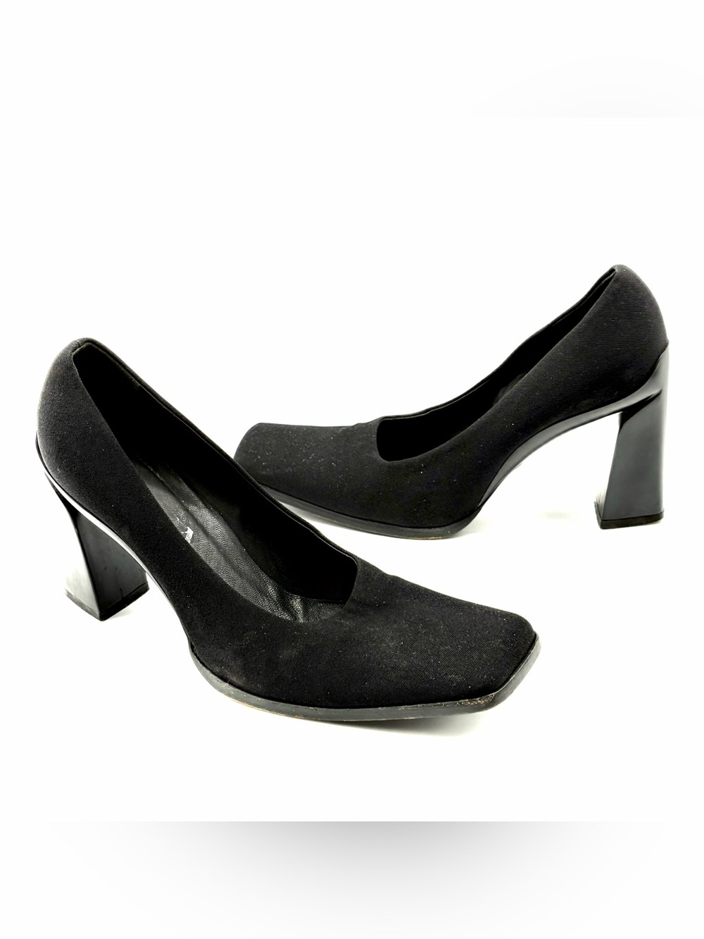 Prada Black Square Toe Nylon Block Heel Vintage Runway Pumps Shoes Ladies 37.5